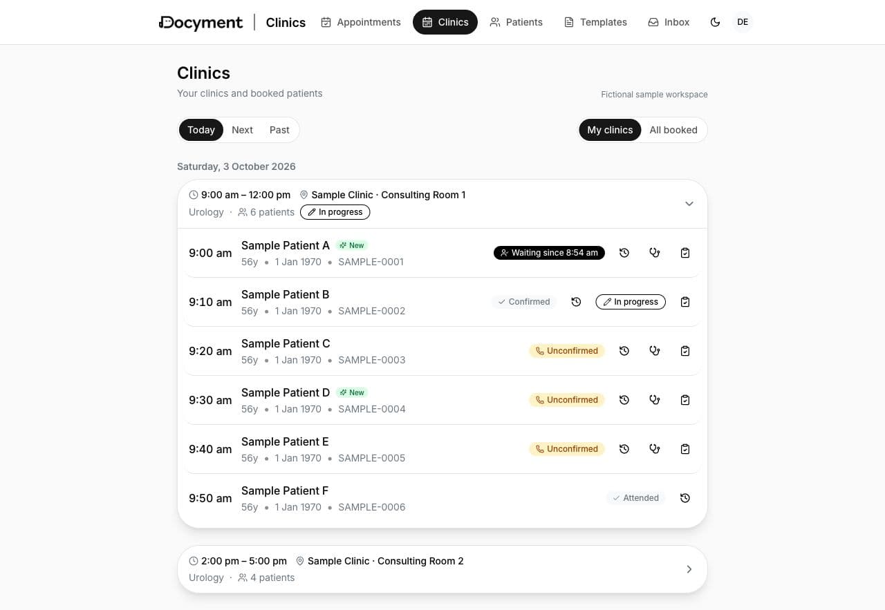 Source-rendered Docyment clinic worklist with fictional sample patients